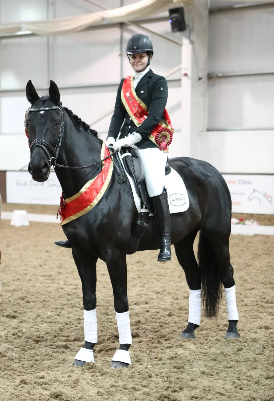 Amanda Shirtcliffe on a black horse wearing a champion's sash and rosette