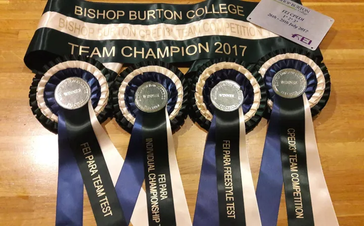 Bishop Burton CPEDI3* Team Champion 2017 sash with four winner rosettes