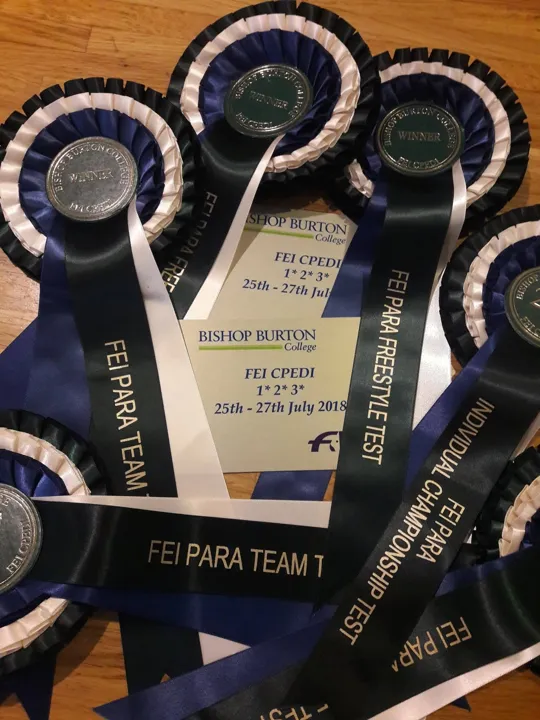 Bishop Burton FEI CPEDI winner rosettes for the para team test and freestyle test