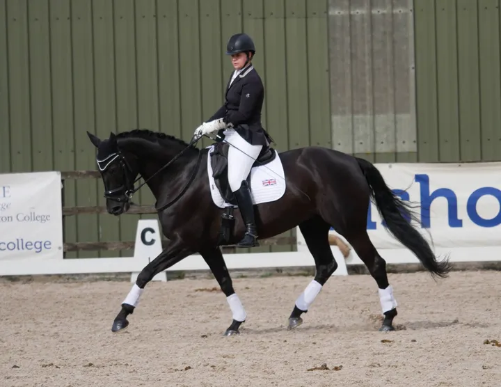 Amanda riding a black horse in a dressage test at Bishop Burton