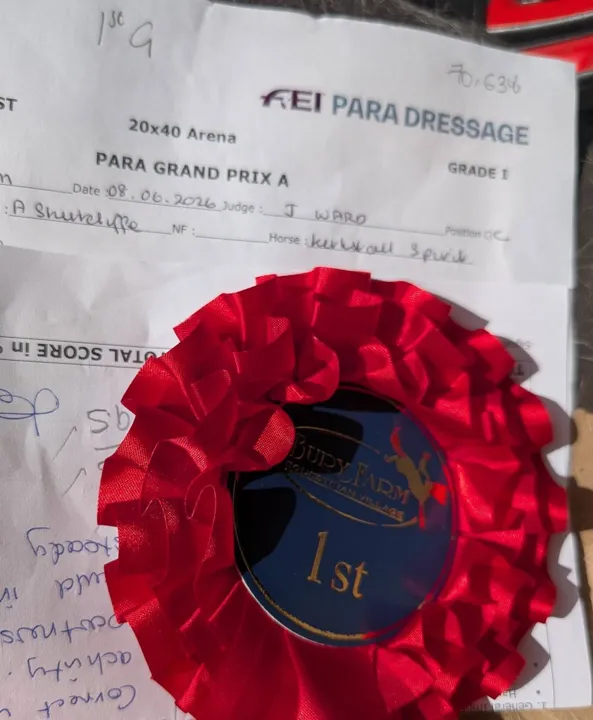 FEI Para Dressage Grade I test sheet dated 8 June 2026 with a red Bury Farm 1st place rosette