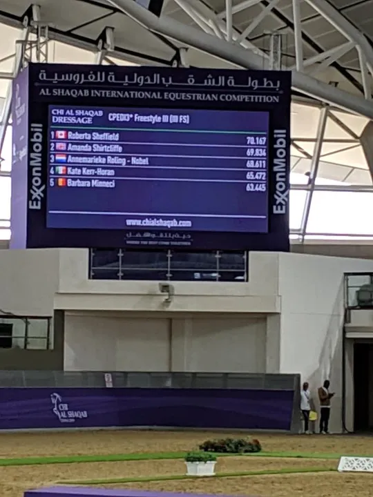 Arena scoreboard at CHI Al Shaqab showing Amanda Shirtcliffe 2nd in the CPEDI3* Freestyle III