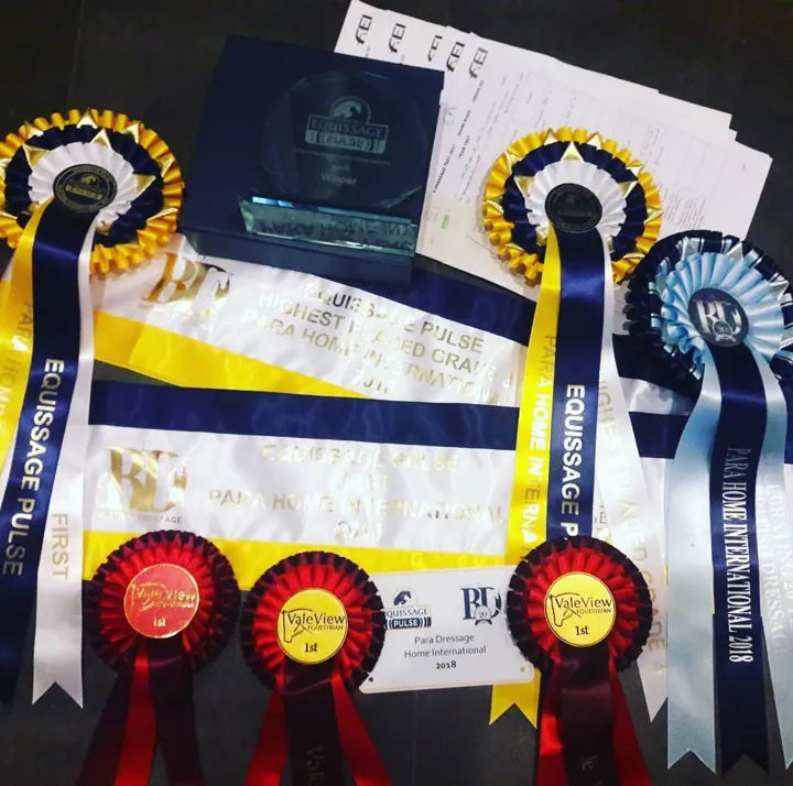 Equissage Pulse Para Home International 2018 trophies and rosettes laid out together