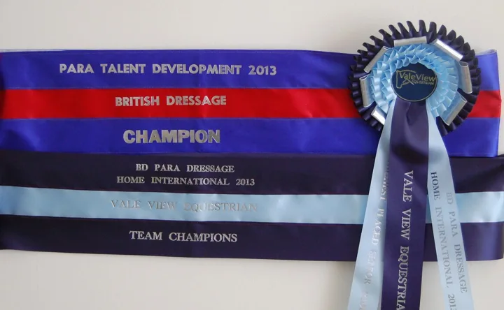 British Dressage Para Talent Development 2013 Champion sash and Para Dressage Home International 2013 Team Champions rosette