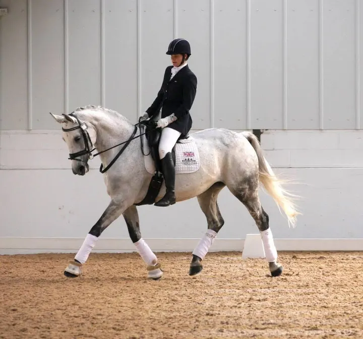 Amanda riding the grey mare Ruby Rose II in an indoor arena with a Union Flag saddle pad